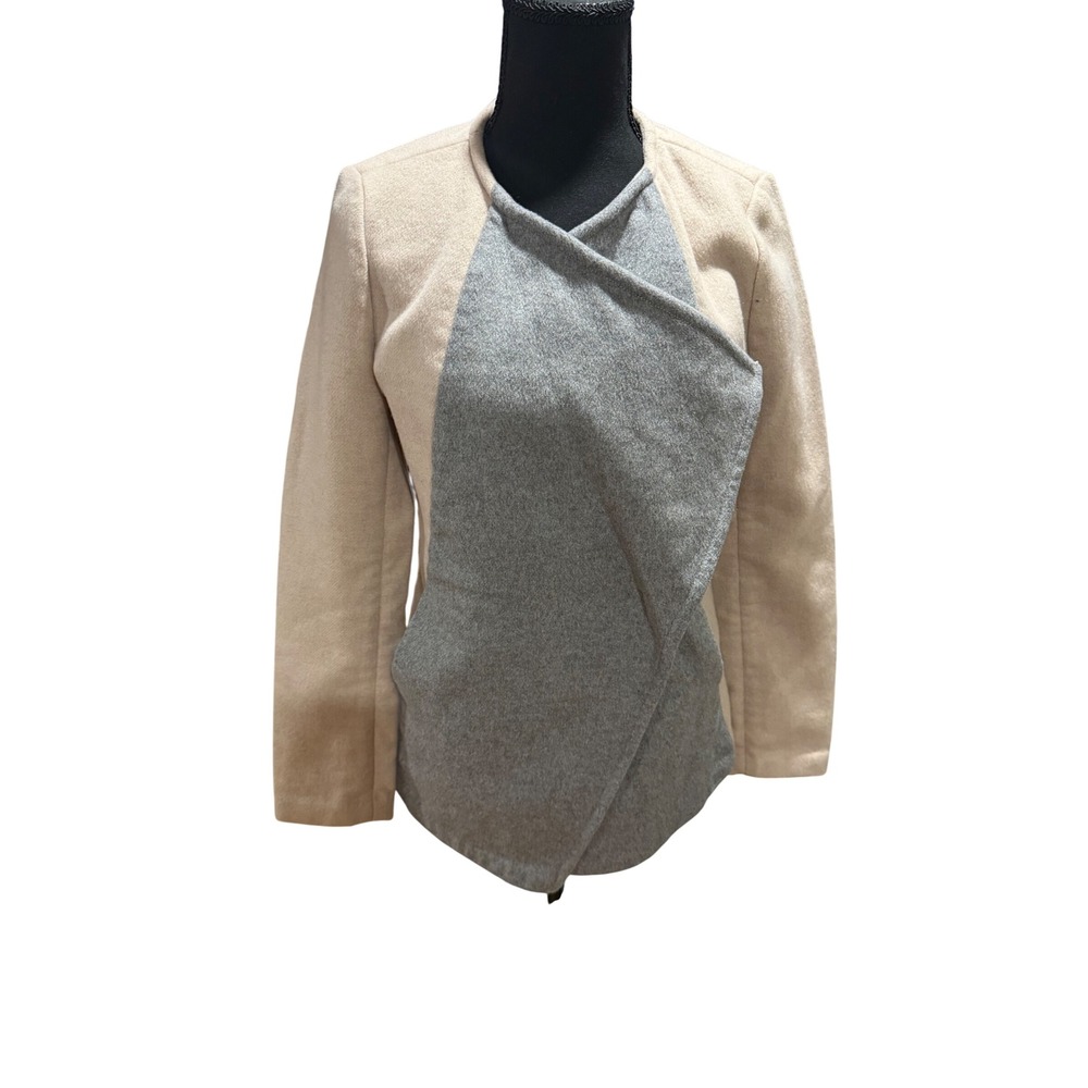 Lucky Brand‎ Women XS Tan Grey Asymmetric Wrap Snap Front Wool Blend Jacket